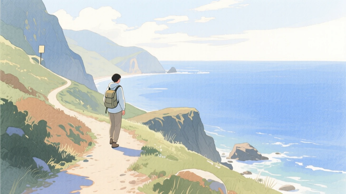 A peaceful scene of someone hiking a mountain trail on a quiet coastal path, fully absorbed in a quiet, joyful moment