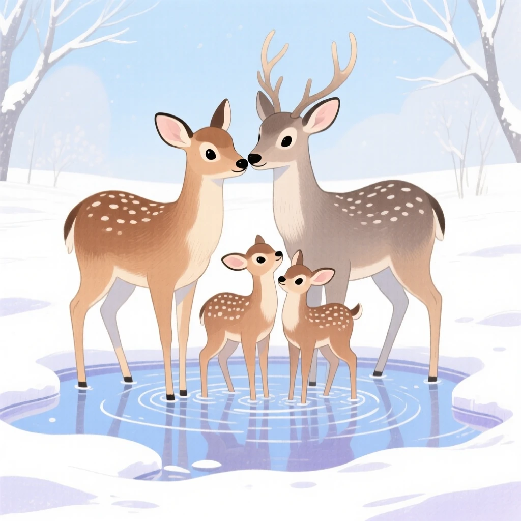 A close-up portrait of a family of deer in a snowy clearing in a shallow tide pool.