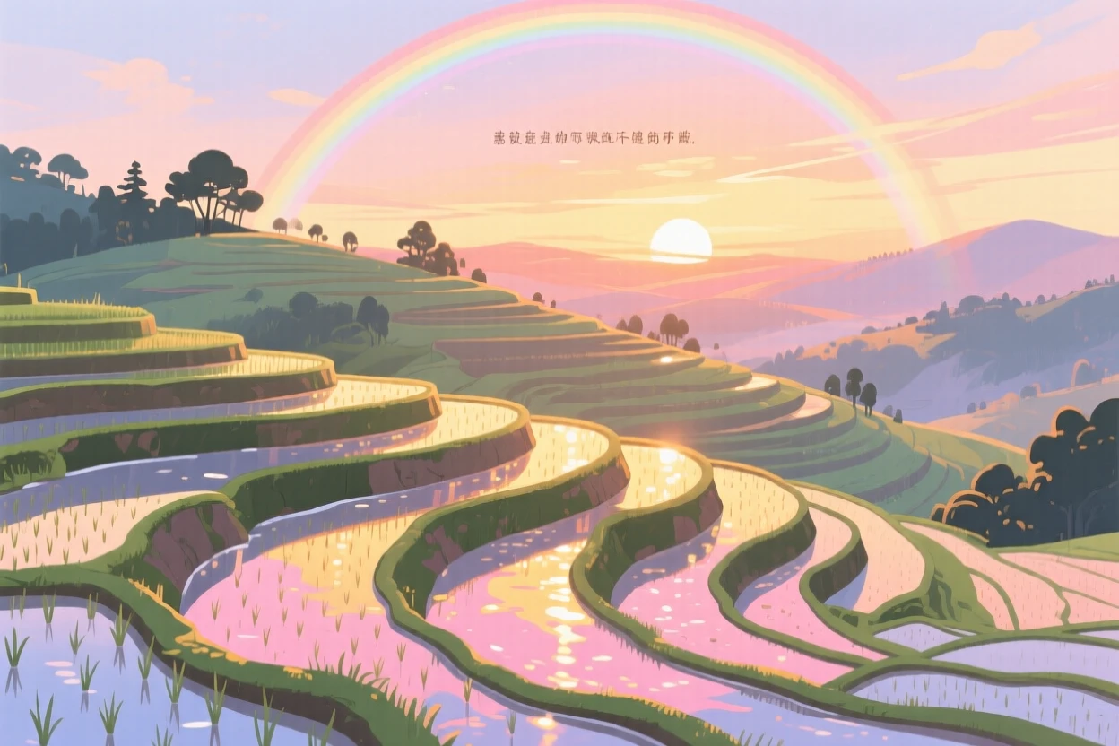 A tranquil rice terrace glowing at sunset, with a rainbow arching softly overhead, evoking peaceful serenity and awe.