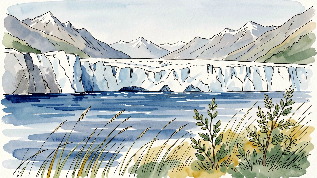 A remote glacier calving into a deep blue fjord, a gentle breeze rippling through the grass and leaves.