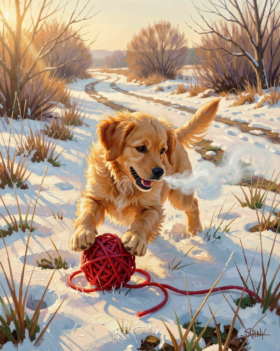 A golden retriever puppy playing in a sunlit meadow, it playfully pouncing on a ball of yarn, along a quiet country lane at golden hour, on a snowy winter day, breath visible in the cold.