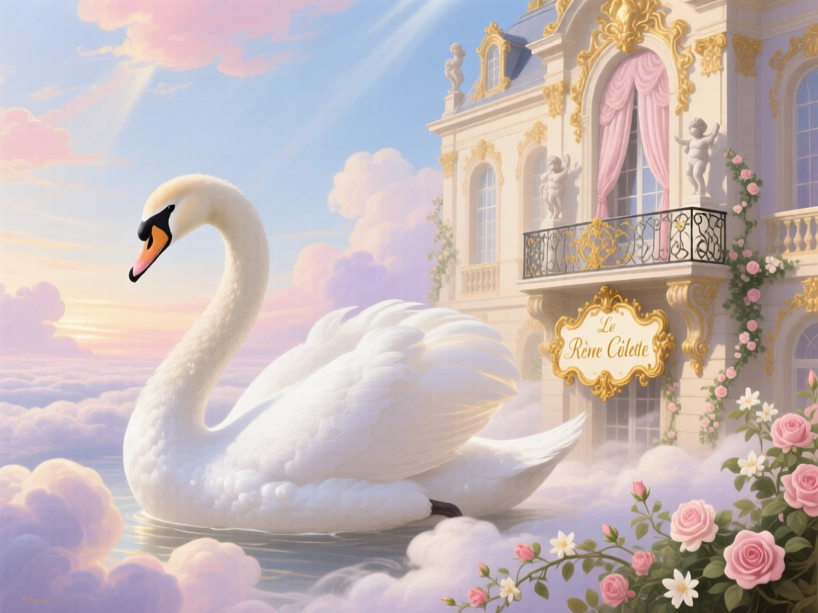 A palace built on the back of a giant white swan sailing over clouds  
