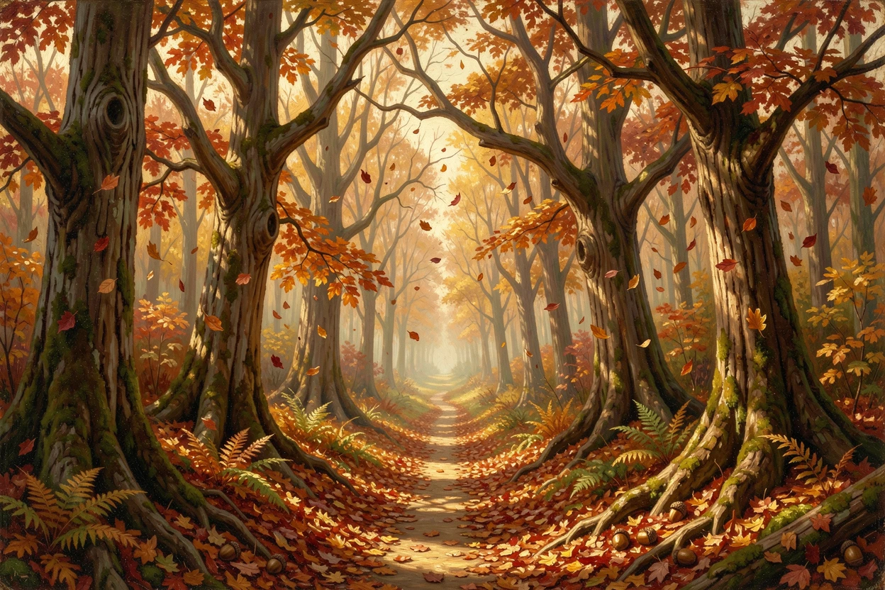 Autumn leaves drift down onto a quiet forest path.