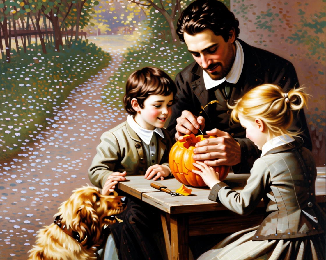 A father carving a pumpkin with his delighted young children in a scene glowing with warmth and quiet devotion, set beside a garden path scattered with fallen blossoms, with a family pet weaving happily between the figures; a soft, blurred background keeps the emotional connection in sharp focus, filled with gentle joy and quiet devotion.