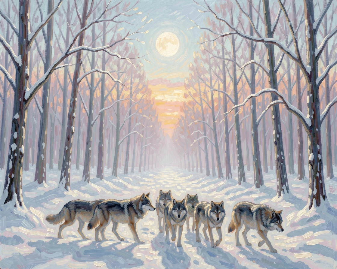 A wolf pack moving silently through a snow-covered forest under a full winter moon, as the first light of dawn breaks.