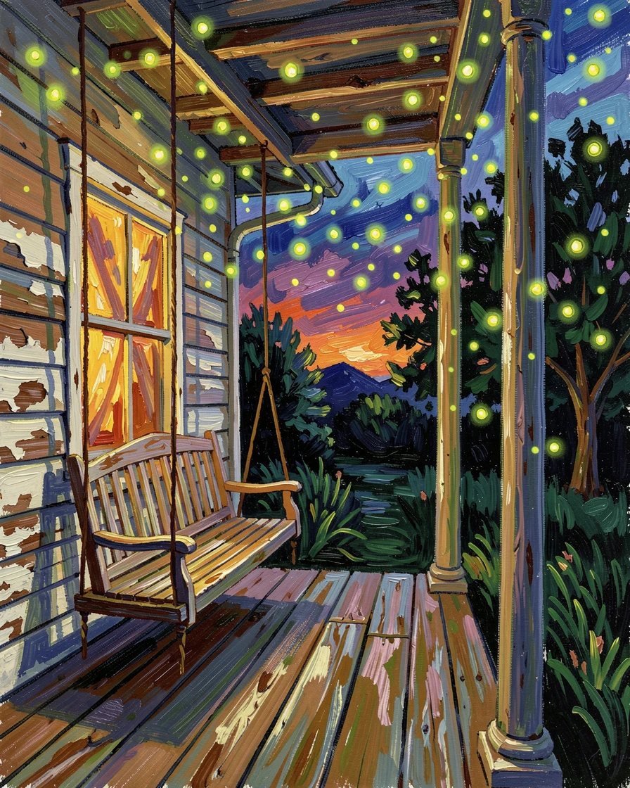 An empty porch swing moving slightly in the breeze as fireflies gather at dusk.