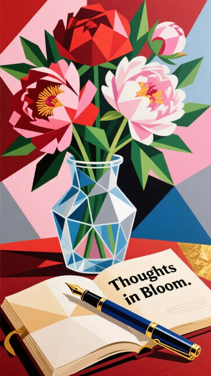 A bouquet of peonies in a glass vase beside an open journal and fountain pen.
