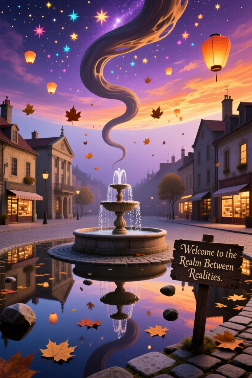 A town square that floats gently above its own reflection hangs suspended between two identical skies, as loose stones and leaves hover motionless around it.