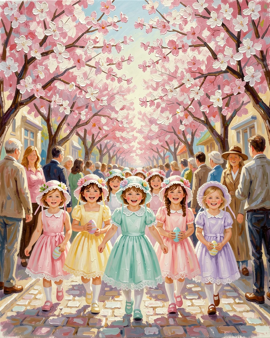 A festive Easter parade shows children in bonnet hats and spring outfits walking past blooming cherry blossom trees, the surrounding crowd adding energy and movement to the edges of the composition.