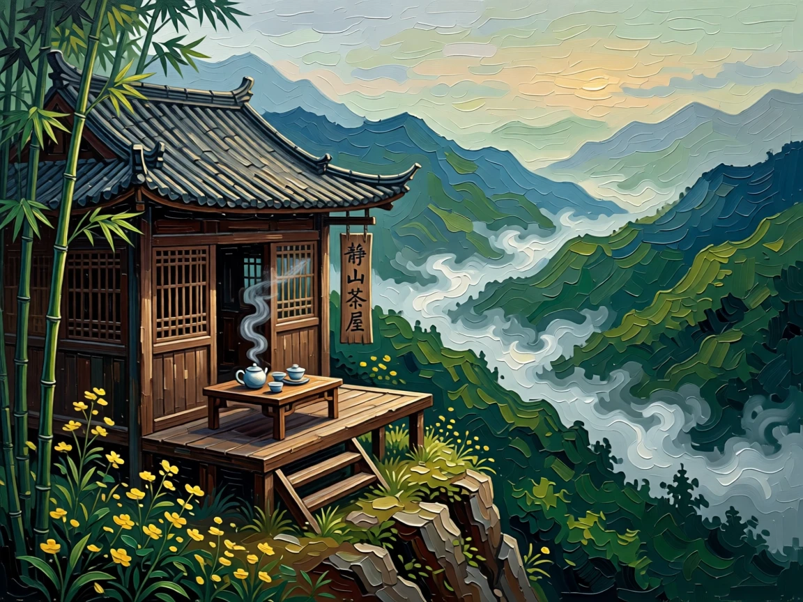 A quiet mountain tea house with a view over layers of misty green ridges