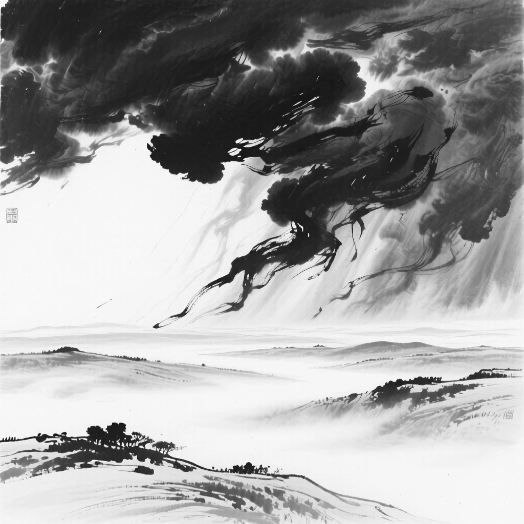 Storm clouds gather ominously over a wide open valley, with the valley below slowly disappearing into fog.
