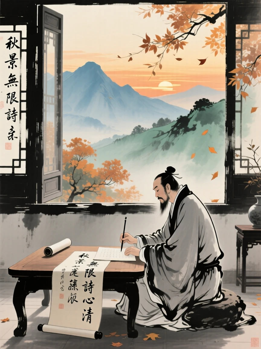 A scholar seated at a low table composing poetry beside an open window, in late autumn, as the sun sets behind distant peaks, radiating gentle serenity.