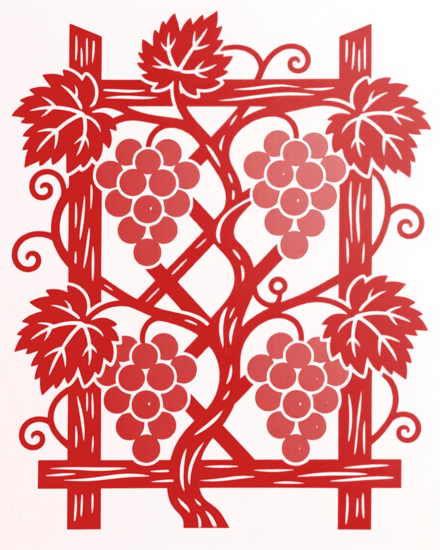 A grapevine heavy with ripe purple clusters climbing a wooden trellis in late summer