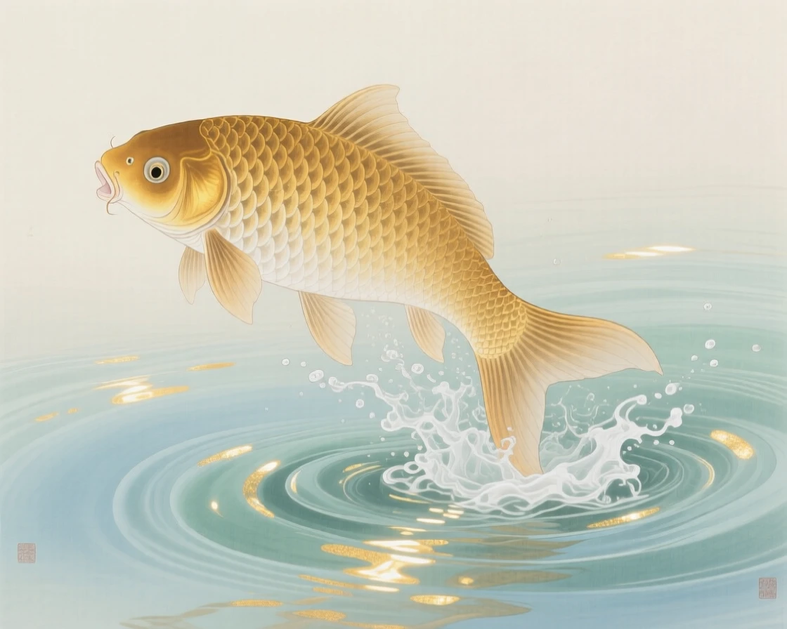 A single golden carp leaping from the water in clear water dappled with sunlight