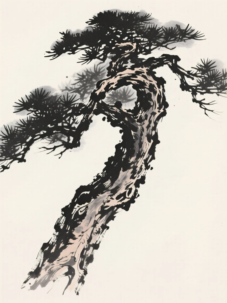 An ancient gnarled pine tree against a soft, empty backdrop, composed with generous open space around it, suggesting patience, resilience, and quiet strength.
