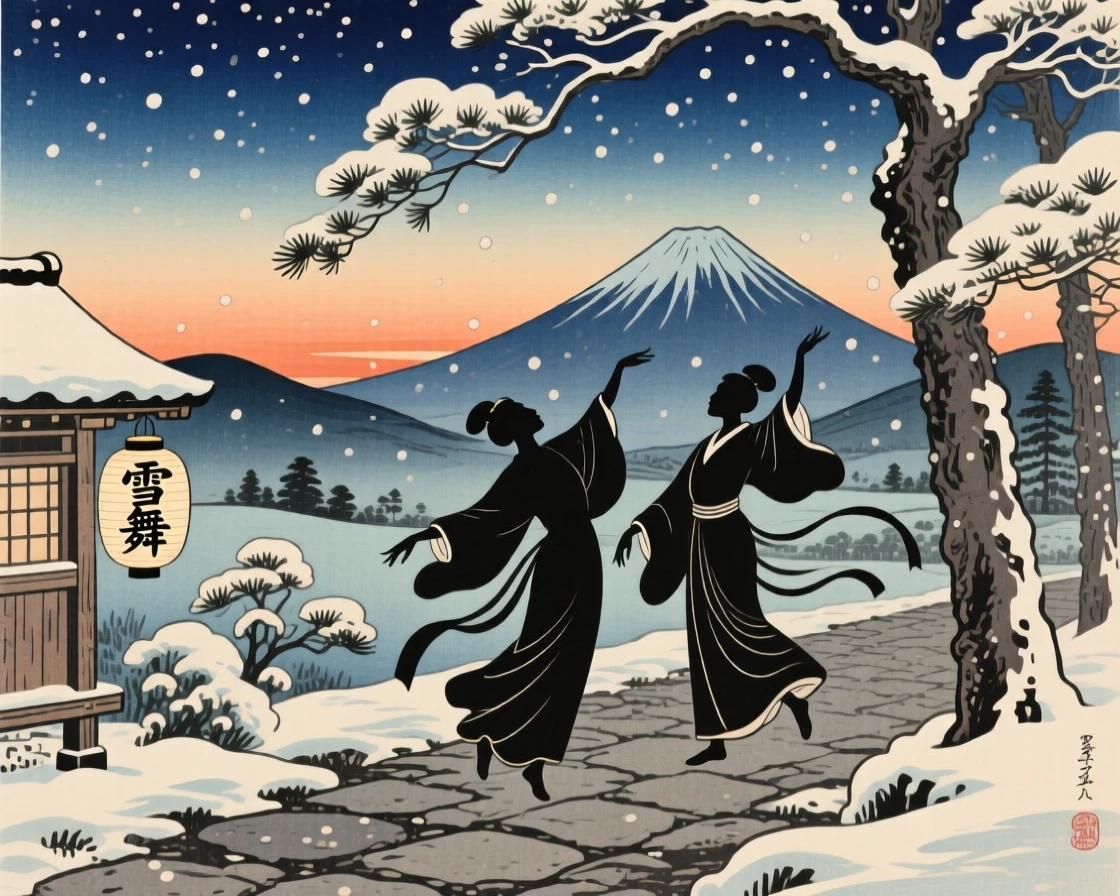 Two silhouettes dancing beneath falling snow, in the fading light of evening.