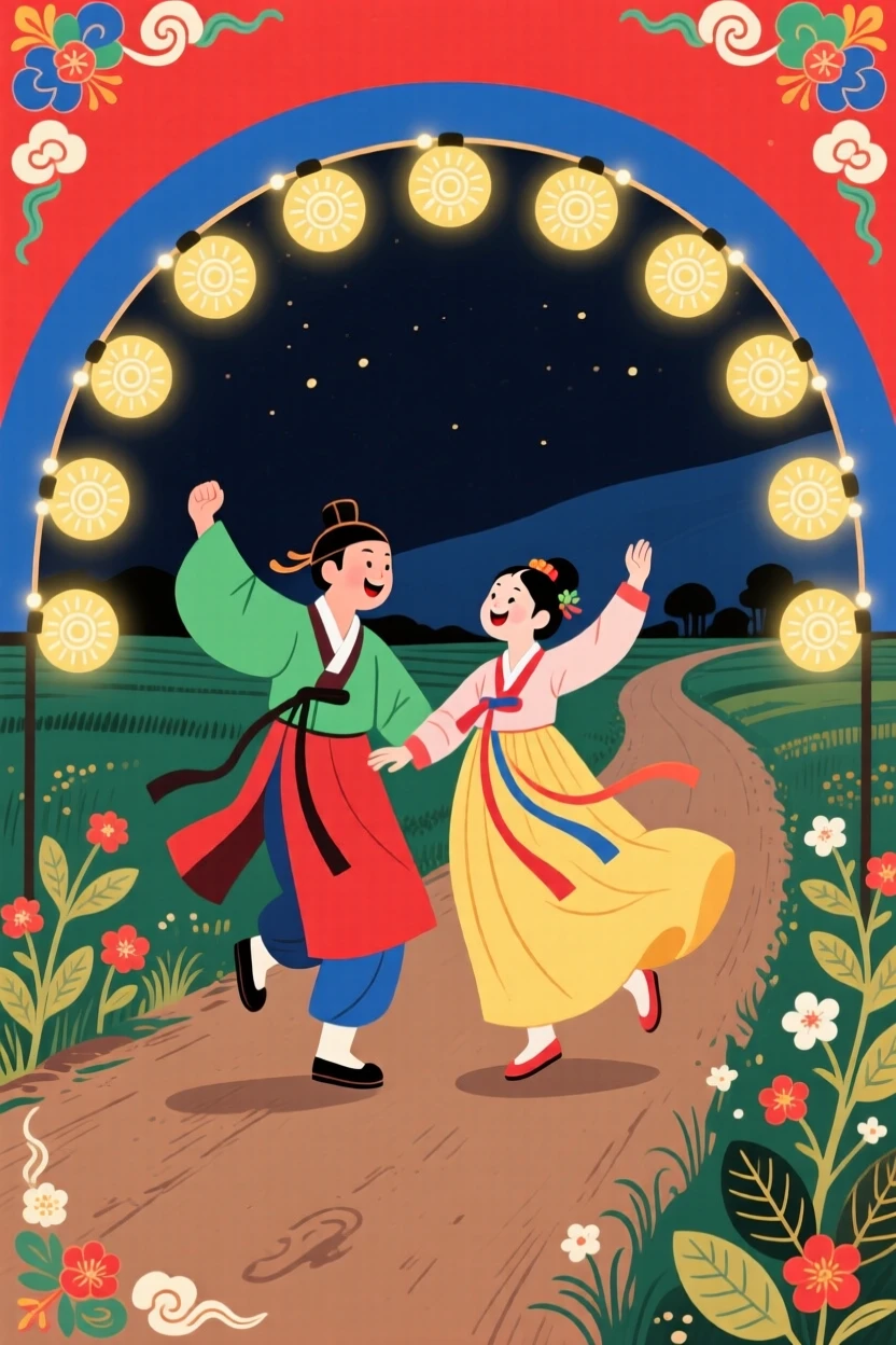 A couple dancing together beneath a canopy of string lights along a quiet countryside road.