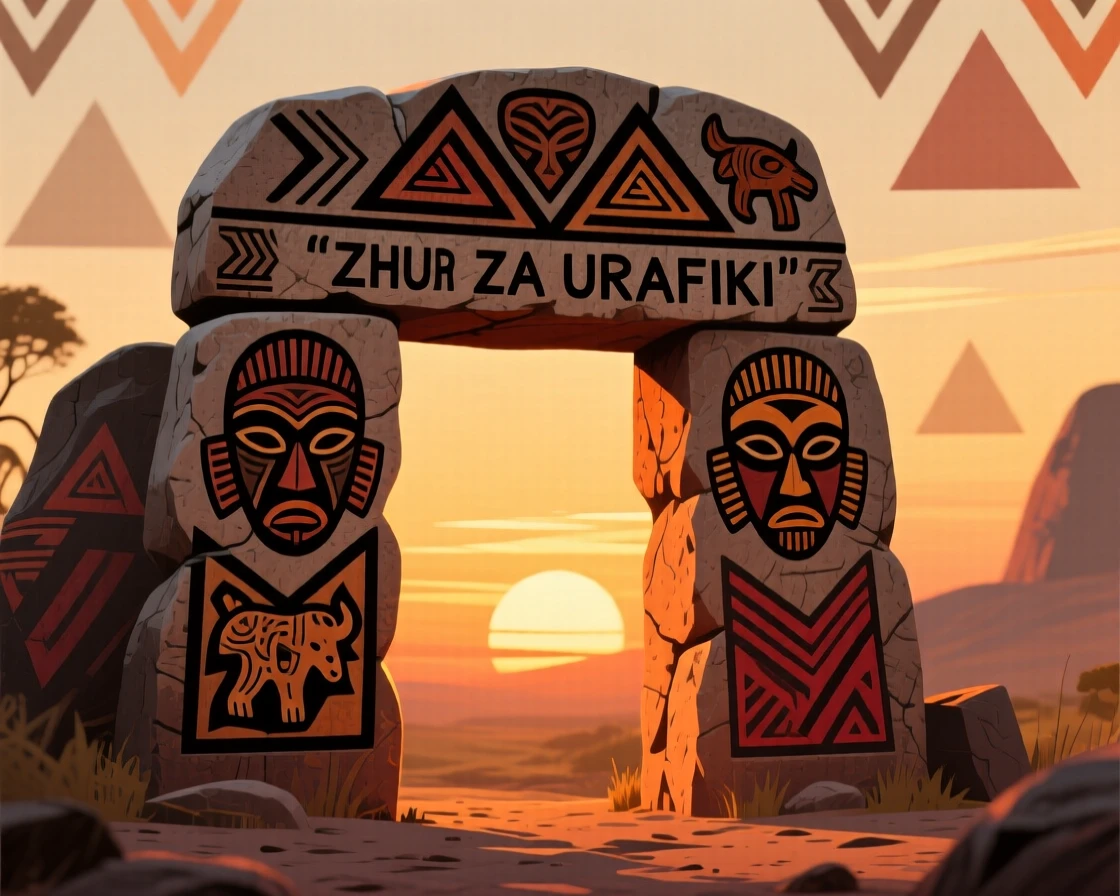A carved stone gateway glowing under a warm sunset.