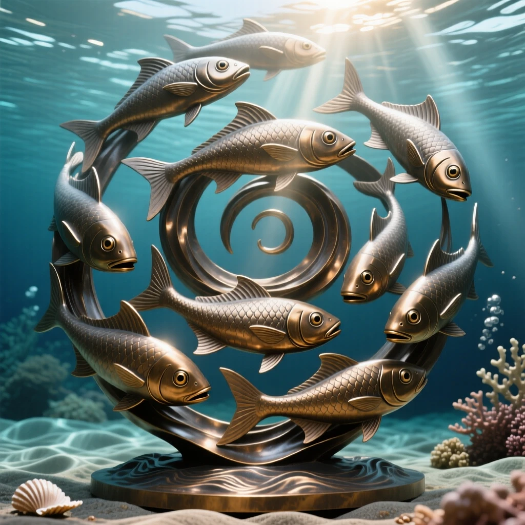 A school of silver fish swirling in a sunbeam underwater, with striking, expressive eyes, evoking wonder and majesty