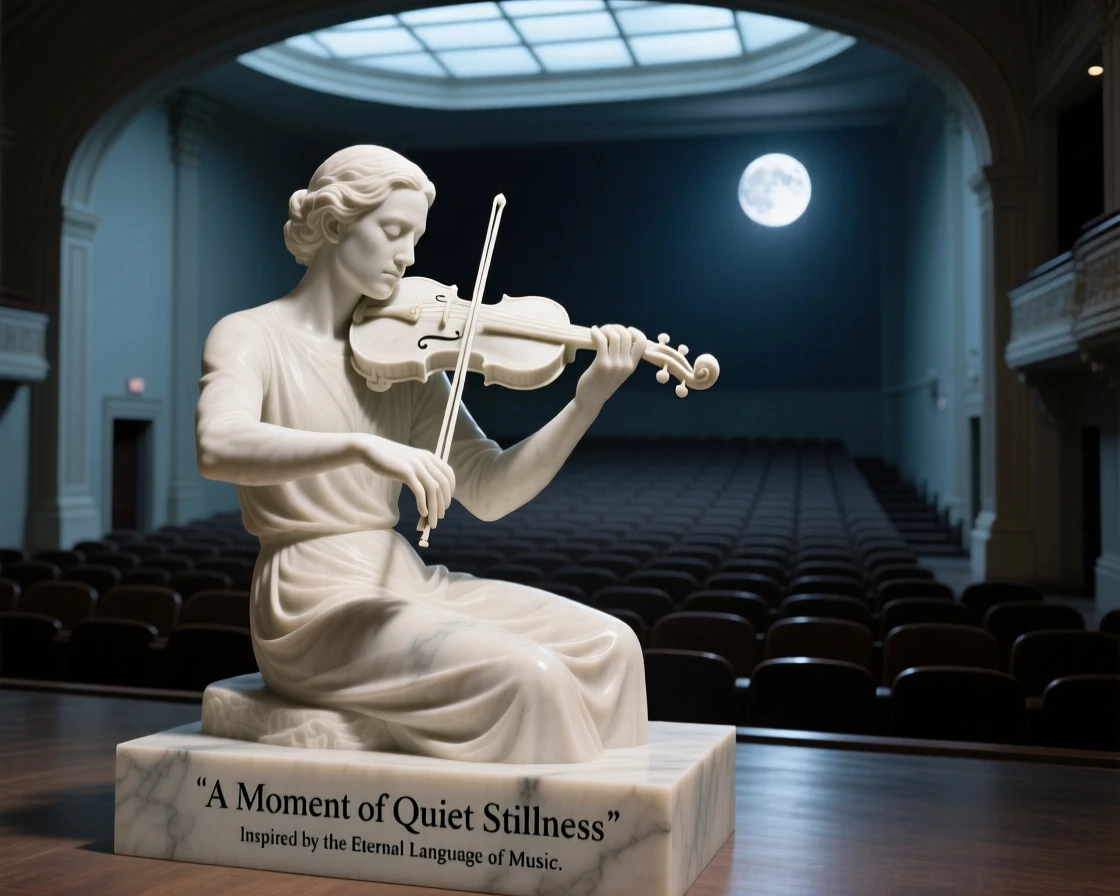 A vivid, emotionally rich scene of a violinist performing for an empty, moonlit theater, in a moment of quiet stillness, designed to captivate and inspire