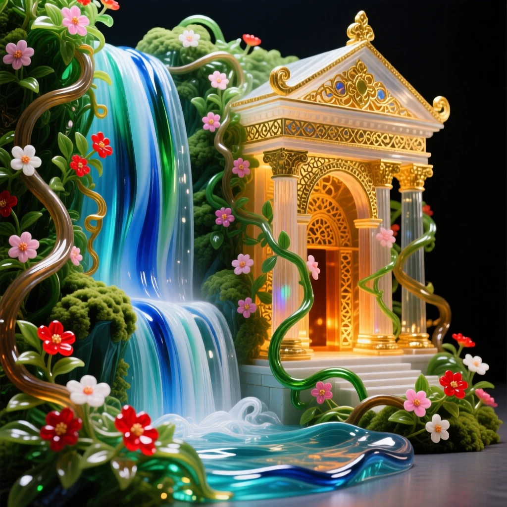 A grand waterfall cascading beside an ancient temple wrapped in the thickest blooming vines at midday, mystical and lush.