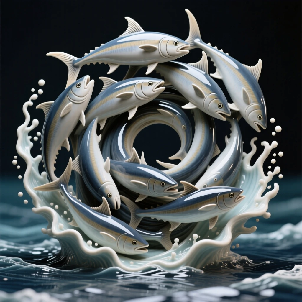 A school of tuna moving in a tight spiral breaching in a dramatic arc of spray, its fins trailing like delicate ribbons, stirring wonder at the mysteries of the deep.