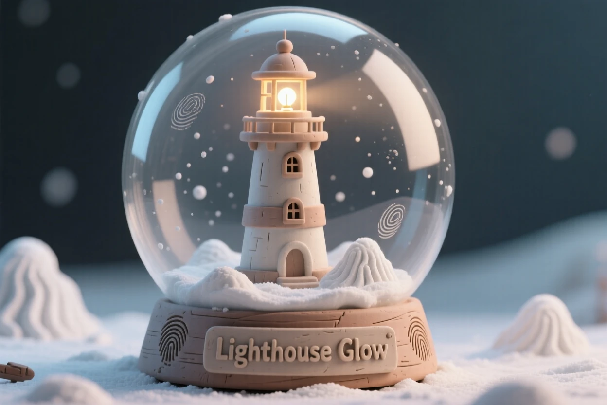 A snow globe containing a tiny working lighthouse that really glows