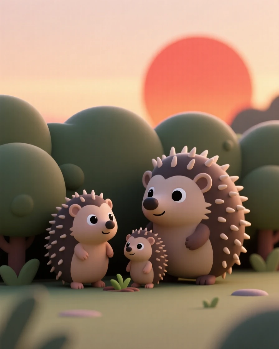 A curious hedgehog family forages together beneath a hedgerow, tiny spines silhouetted against the setting sun.