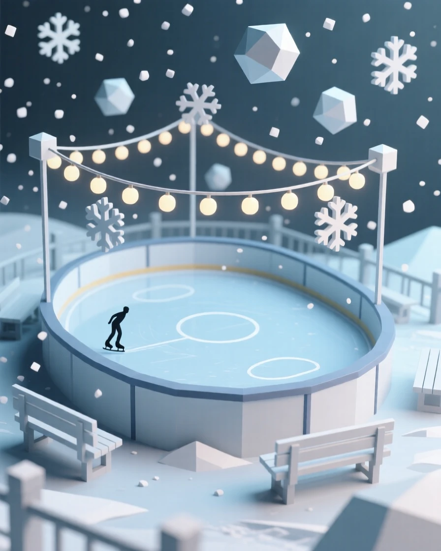 A winter ice-skating rink glowing under string lights, as snow gently falls. rich seasonal colors bring the scene to life. It captures a moment of pure celebration.