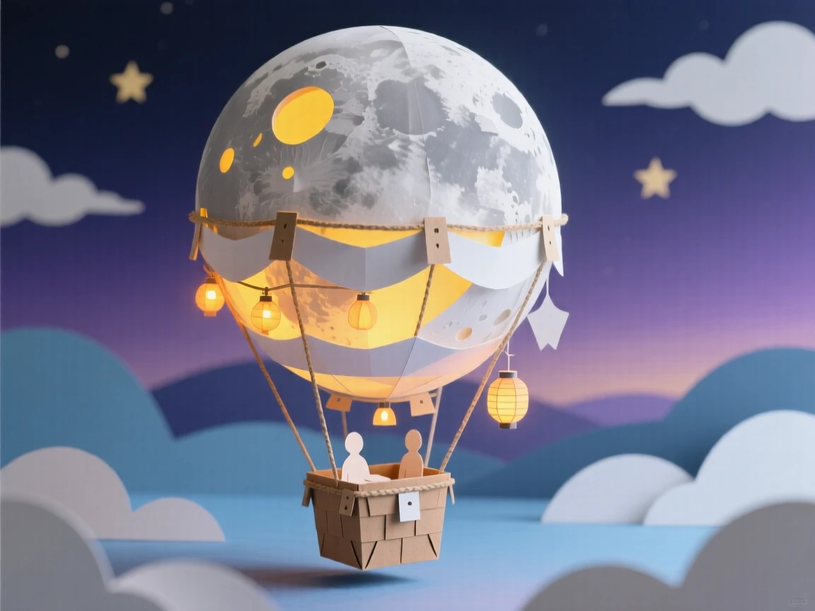 A giant moon-shaped hot air balloon glowing softly beneath a twilight sky, with tiny lights glowing from within, capturing quiet, enchanting mystery.