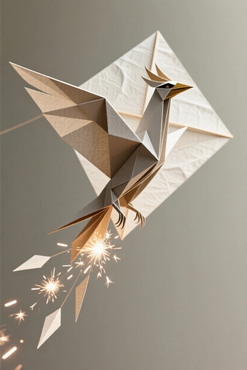 A single kite shaped like a phoenix trailing sparks of light as it soars.