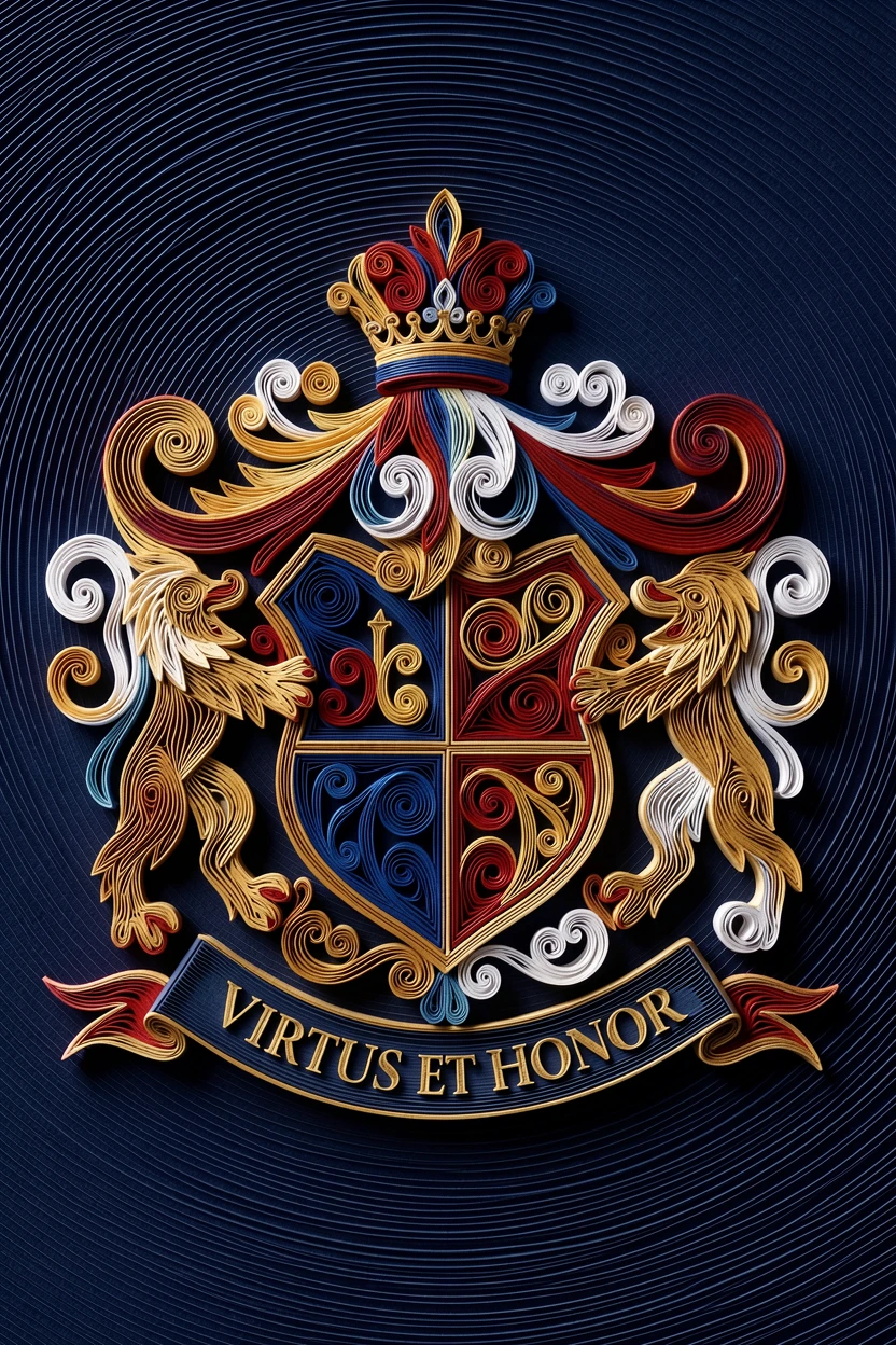 a decorative coat of arms with heraldic symbols, displayed against a deep navy backdrop, spiraling outward in a hypnotic rhythm, with fine hair-thin linework throughout.