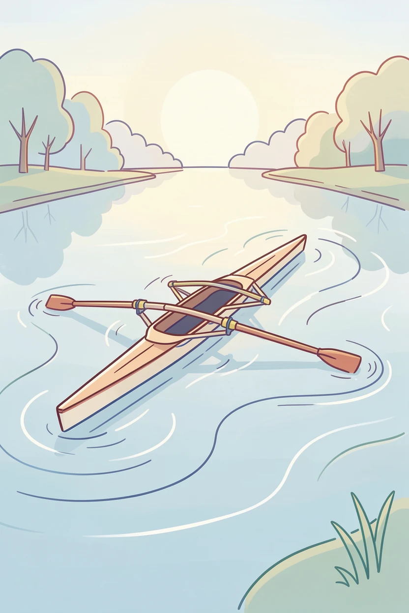 A single rowing scull cutting through the mist of a calm river at dawn.