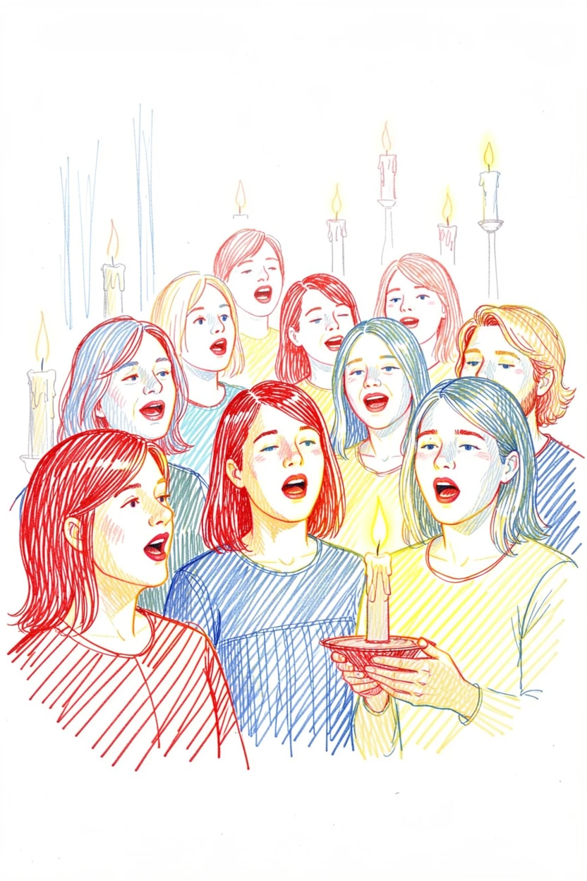 A choir singing together, faces lit warmly by candlelight