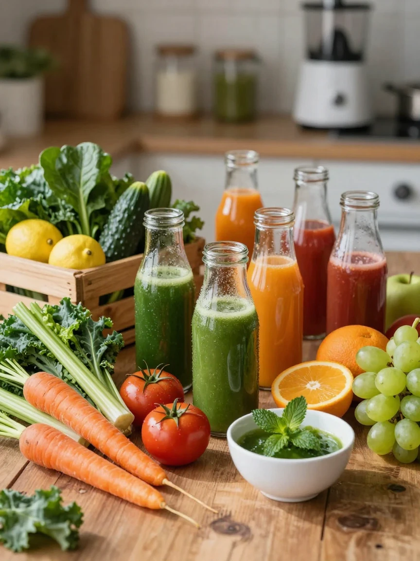 A juice cleanse spread with fresh vegetables and fruit