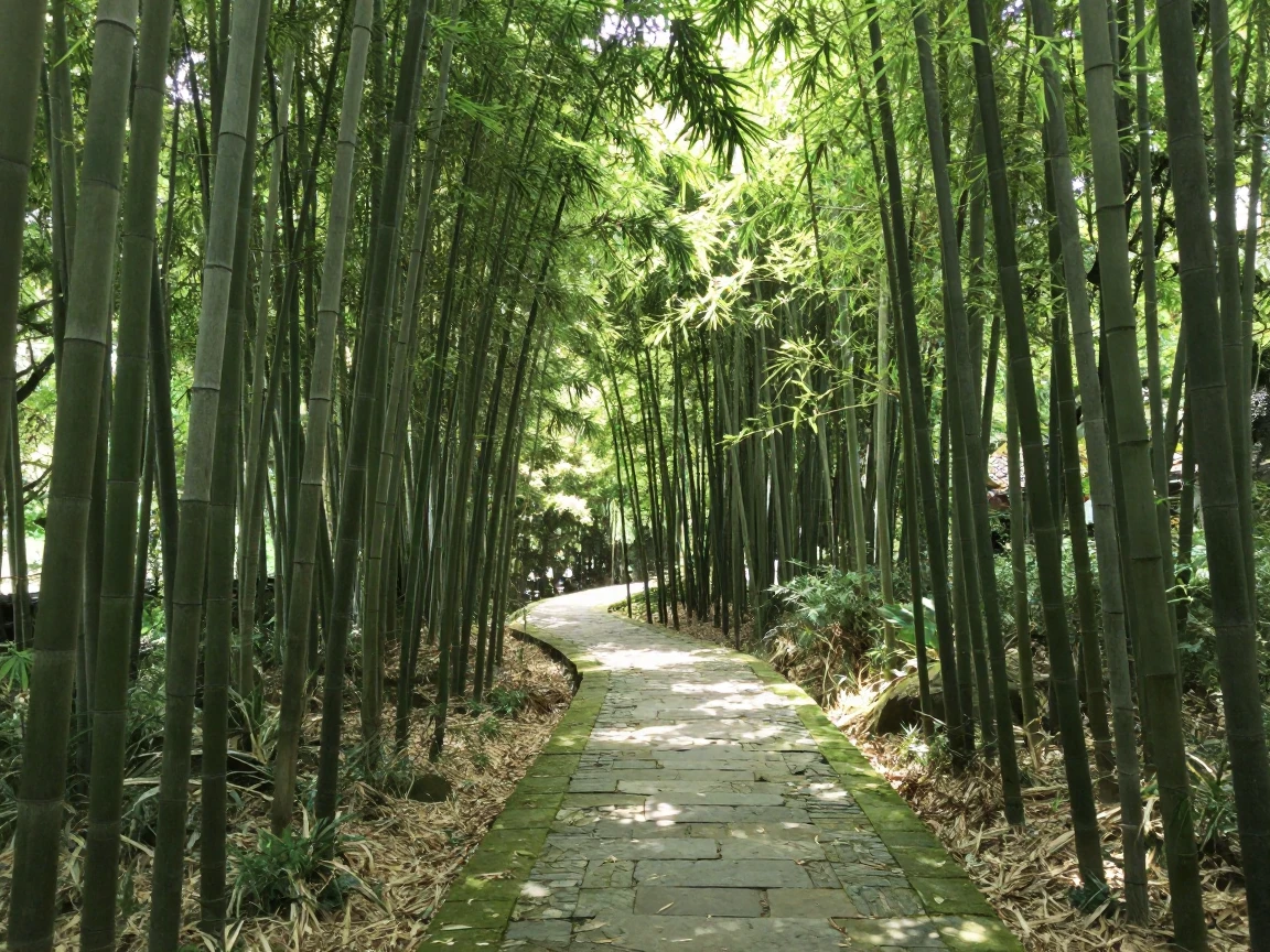 A dense bamboo forest filters soft green light onto a narrow stone path.