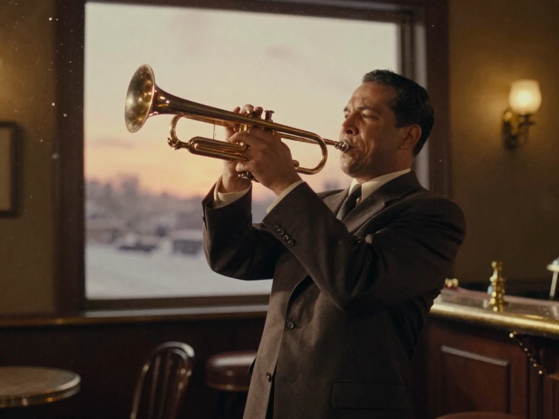 A jazz musician mid-note, trumpet raised beneath a spotlight, under a glowing sunset sky, amid gently falling snow, during the long days of summer, in warm honey and cream tones, viewed from across the room.