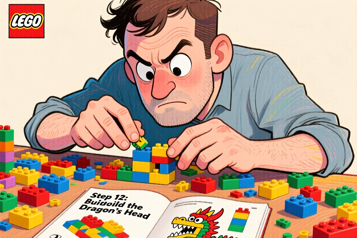A man building a LEGO set with intense focus, instructions spread across the table.