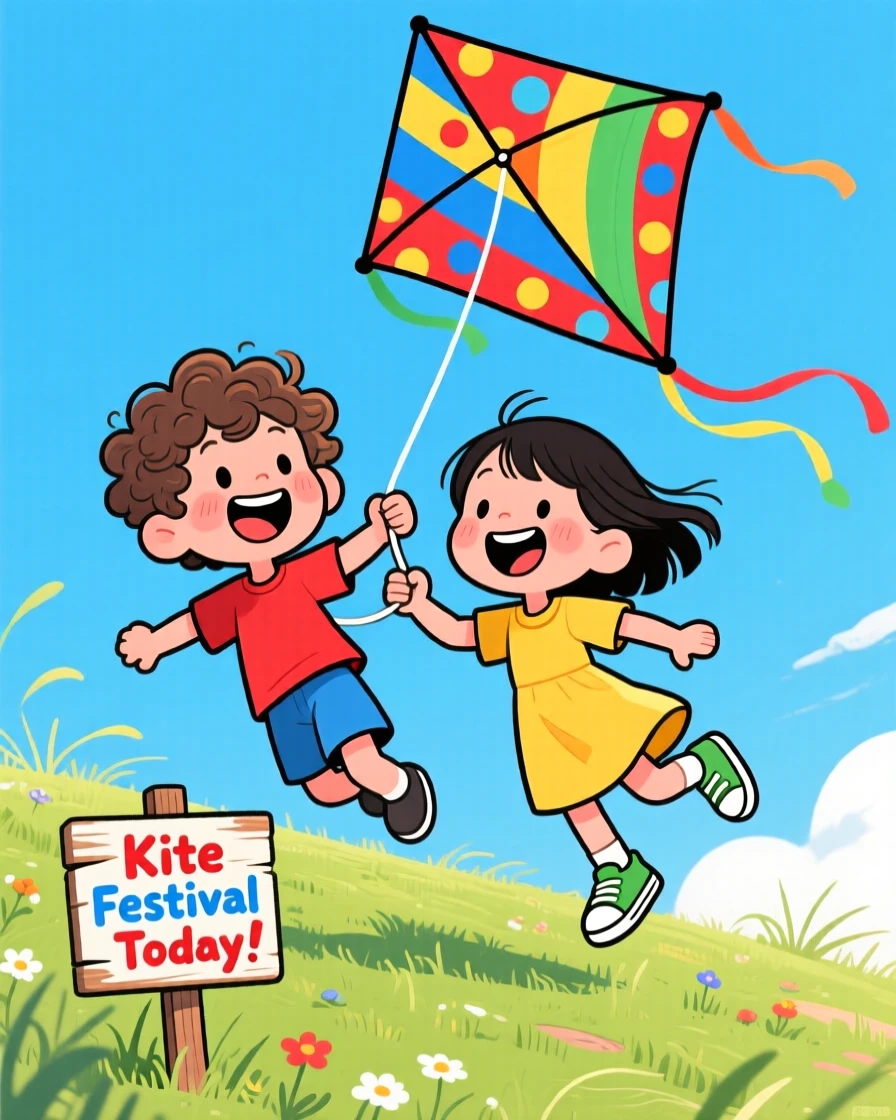A playful childhood moment of twin siblings flying a colorful kite on a breezy hilltop, under a bright and cloudless summer sky.
