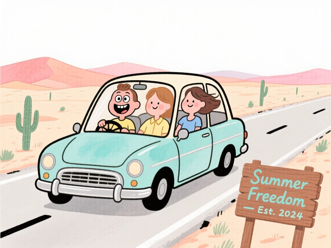 A charming seasonal scene of a summer road trip with a vintage car on an open desert highway