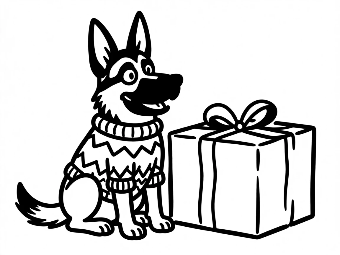 A german shepherd wearing a knitted holiday sweater, sitting beside a wrapped present twice its size.