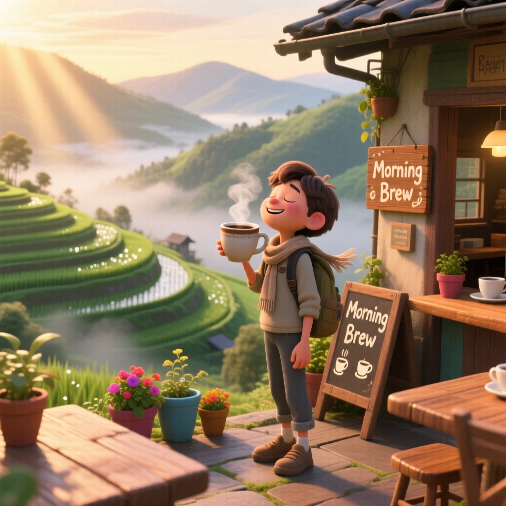 A traveler sipping coffee at a small cafe stands overlooking a terraced rice field at sunrise, pausing to breathe in the fresh mountain air. A warm sense of gratitude and wanderlust colors the moment, with a light mist clinging to the distant hills.