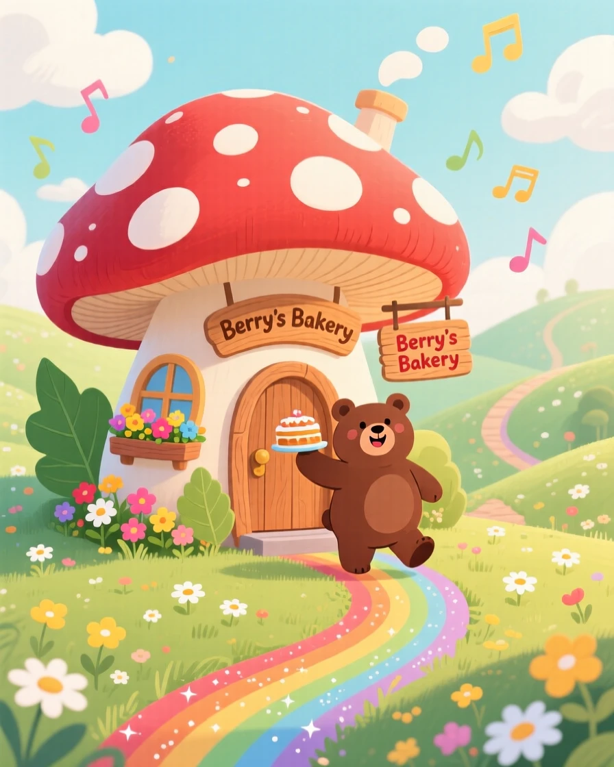 A bear who runs a bakery delights in living in a house built inside a giant mushroom, tucked within a land where every path is a rainbow, as a soft melody seems to hum through the air.