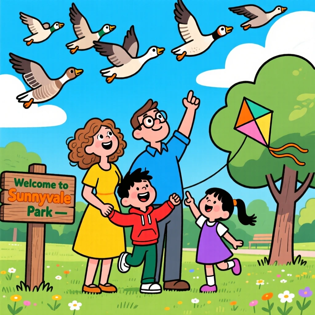 A family watching migrating geese fly in formation overhead.