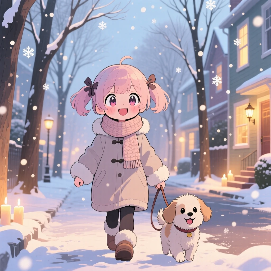 A young girl walking the family dog around the block in a tree-lined neighborhood street amid softly falling snow; gentle candlelight washes over the scene as delighted joy fills the moment. Waist-up portrait.