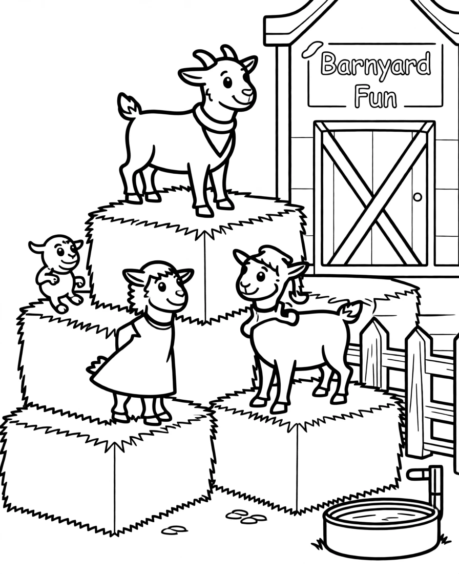A goat family climbing on hay bales in a barnyard