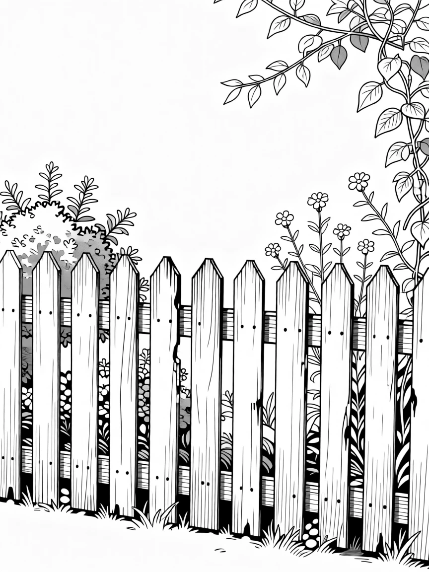 A weathered picket fence bordering a cottage garden
