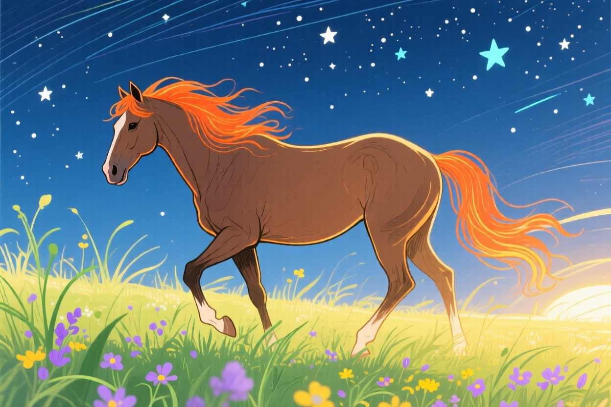 A wild mustang wandering in a sunlit meadow under a clear starry sky.