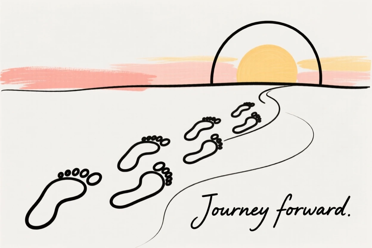 Footprints leading into the sunset