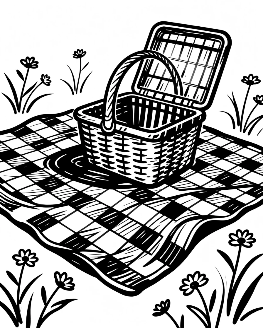 A flat lay of a picnic scene with a checkered blanket, basket, and wildflowers.
